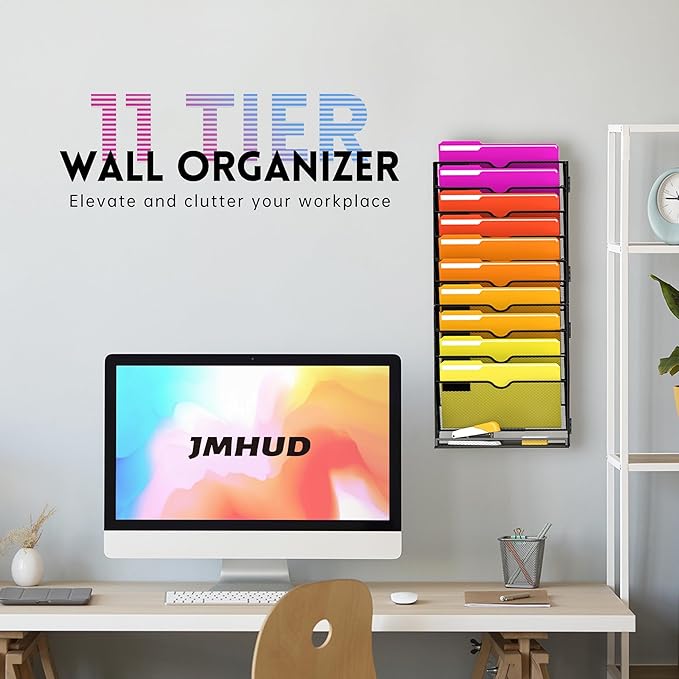 11-Tier Wall File Organizer Hanging File Organizer for Papers, Folders, Files, Magazine, Document, Mesh Wall Mount File Holder for Office Home School, Black 2 Pack