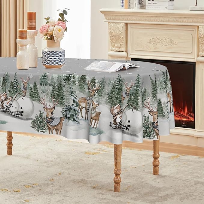 Horaldaily Christmas Tablecloth 60×84 Inch Oval, Deers Snowman Trees Grey Washable Table Cover for Party Picnic Dinner Decor