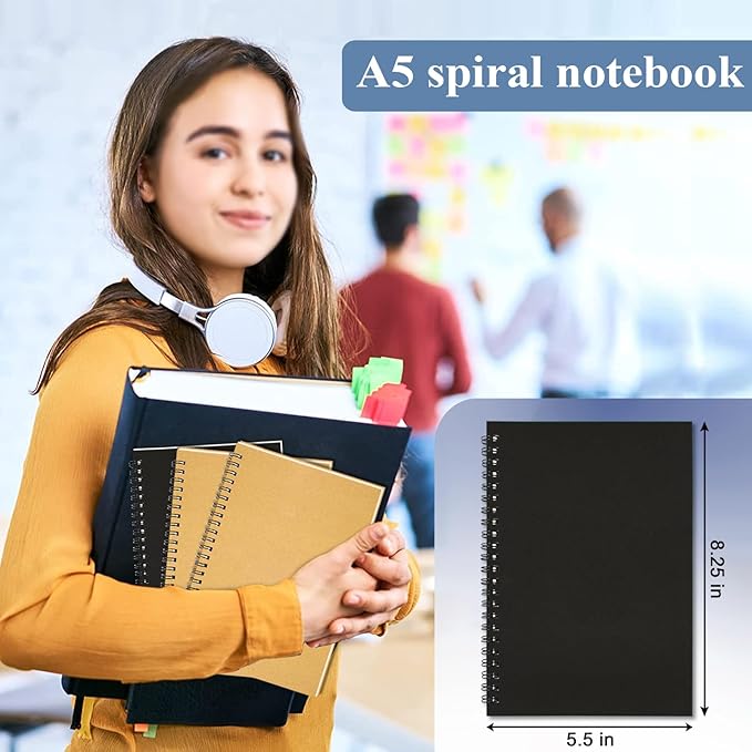 12Pack Small Spiral Notebook A5, 8.25x5.5” 120 Lined Pages Black & Brown Wide Ruled Spiral Journal Bulk Blank Kraft Cover Spiral Bound Notebook & Writing Pads for Home Office Meeting Work Note Taking