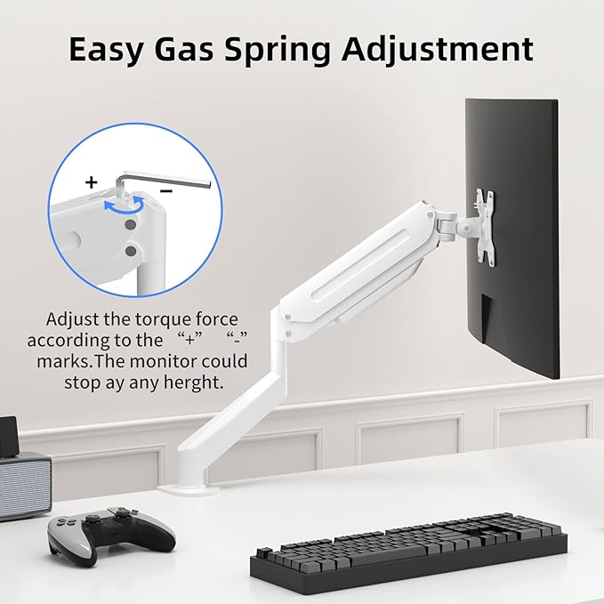Suptek Single Monitor Mount Adjustable Gas Spring Monitor Arm Desk Mount Stand Fits 17 20 22 23 24 26 27 32 33 inch Monitors,Holds up to 22 lbs,White(MD18W)
