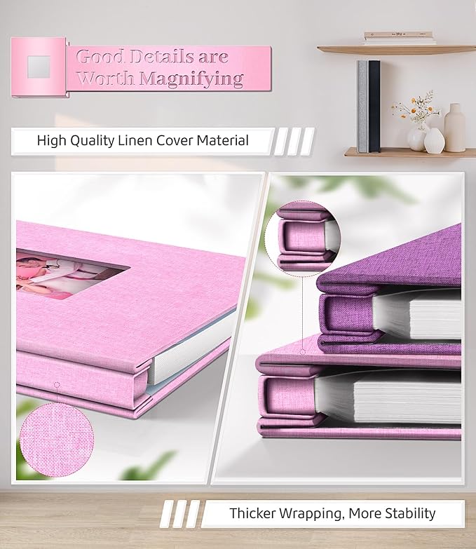 Photo Album Self Adhesive Scrapbook Album for 3x5 4x6 5x7 8x10 Pictures,60 Pages Linen Cover with Display Window DIY Photo Book,Ideal Gifts for Family Travel Wedding Baby