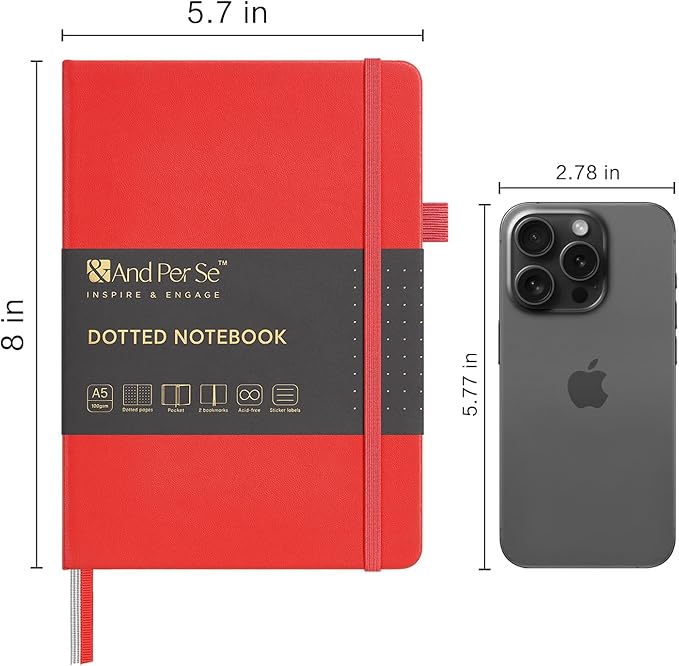 &And Per Se Dotted Journal Notebook, A5 Hardcover Bullet Dotted Journal, 160 Pages 100 gsm Thick Paper, 3 Sheets of Stickers Included - 5.7'' x 8''（Red）