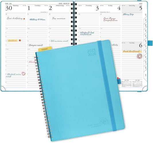 POPRUN Planner 2025-2026 (Large - 8.5'' x 10.5'') Academic Weekly Calendar (July 2025 - June 2026) with Hourly Time Slots, Monthly Tabs, 100GSM Thick Papers, Spiral Leather Cover - Blue Green