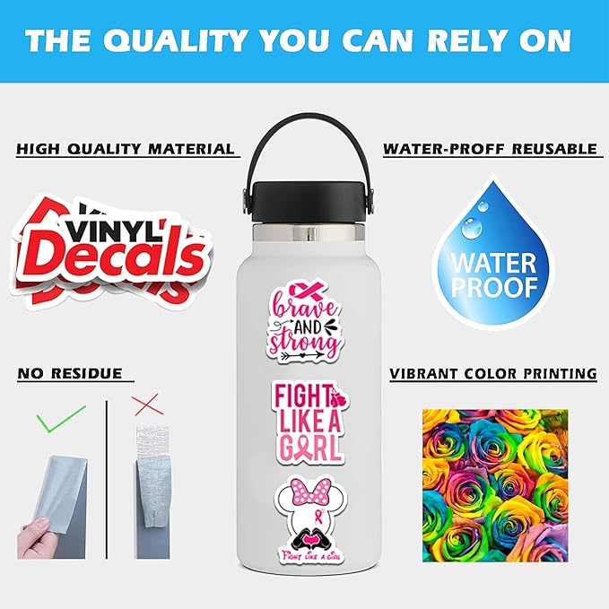 BEATRI Breast Cancer Awareness Stickers 50Pcs Pink Ribbon Stickers for Women's Health Waterproof Vinyl Stickers Decals Gifts for The People Care About Women (Breast Cancer Awareness Stickers Decal)