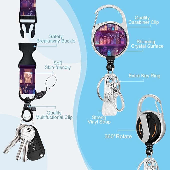 Gctriki Magic Lanyards for Id Badges, Cute Badge Holder with Retractable Badge Reel Clip, Teacher Lanyard with ID Holder Keychain Clip Name Tag ID Card Holder for Women Work Office Accessories Gift