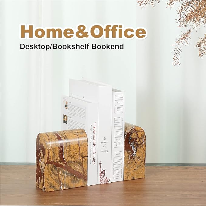 Koville Indian Natural Marble Bookends for Shelves, Book Ends for Heavy Books, 13LBS Ultra Heavy Duty Book Holders, Triumphal Arch Bookends Bookshelf Decor for Movies/CDs/Video Games(Rainforest Gold)