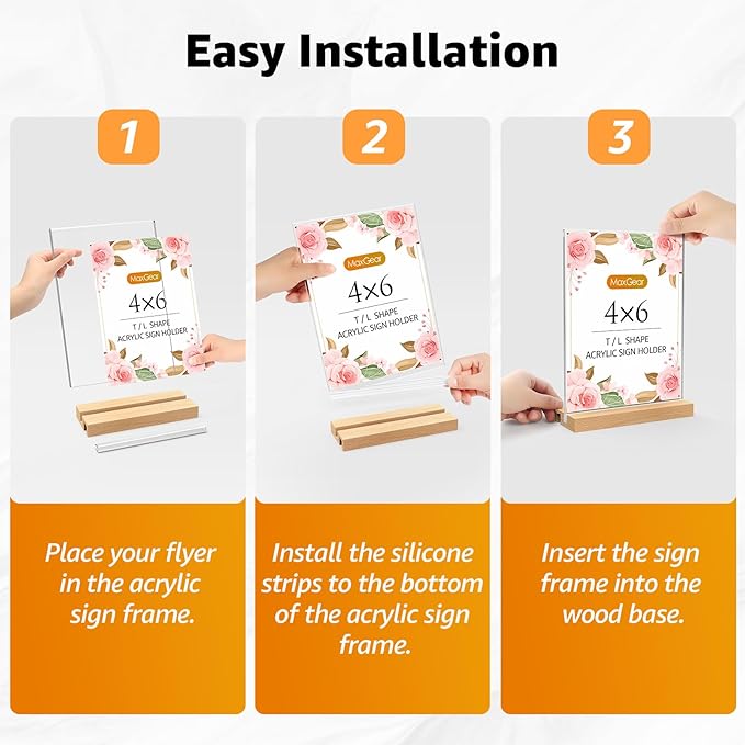 MaxGear L/T Shape Acrylic Sign Holder, 4 X 6 Clear Table Display Stand with Wooden Base, Flyer Menu Holder Photo Frames Paper Stand for Office, Wedding, Restaurants, Hotels 3 Pack