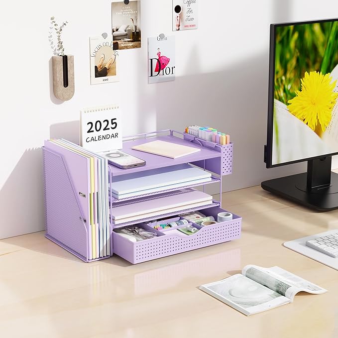 Wood Desk Organizers and Accessories with File Holder, 4-Tier Desk Accessories & Workspace Organizers with Drawer and Pen Holder, Paper Organizer for Office Supplies (Purple)