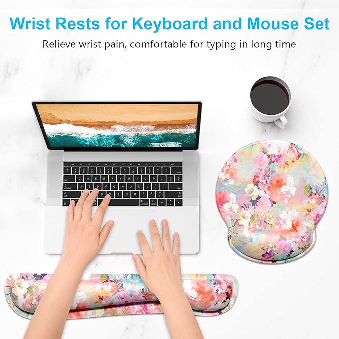Dapesuom Keyboard Wrist Rest and Mouse Pad with Wrist Support, Cute Memory Foam Cushion for Keyboard and Mouse Set, Desktop Pad Rests with Non Slip Base for Easy Typing & Pain Relief, Peonies Floral