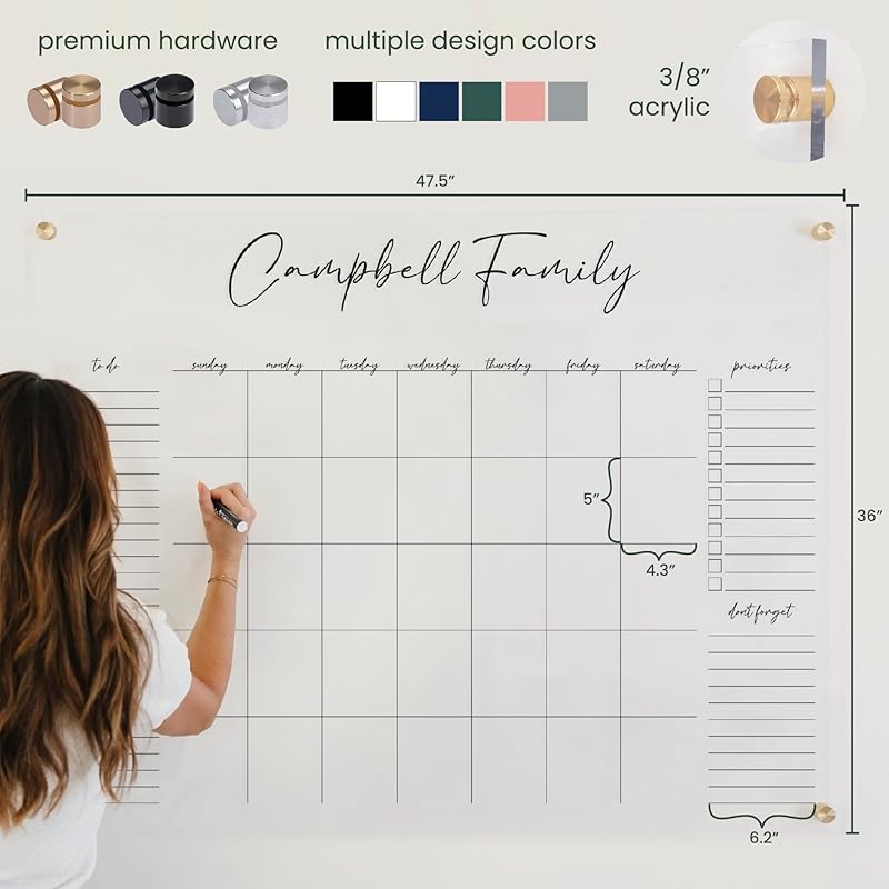 Personalized Clear Acrylic Calendar for Wall, Calendar Whiteboard for Wall, Dry Erase Wall Calendar, Wall Calendar Organizer System for Home (Cursive, Jade, 47.5"W x 36"H)