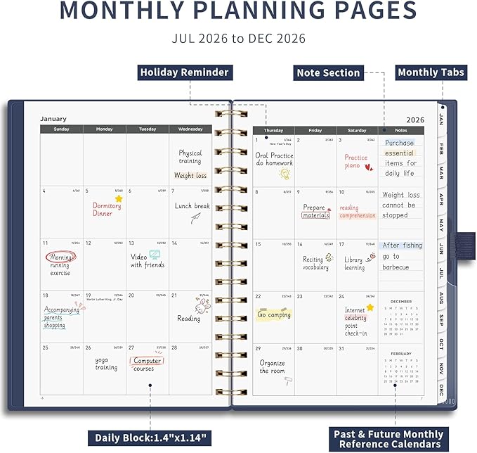 AHGXG 2026 Planner, Weekly and Monthly, Jan 2026 - Dec 2026, 12 Months, 2026 Calendar Planner Book with Tabs for Men Women School Home Office Supplies, A5 (6" X 8.38"), Blue