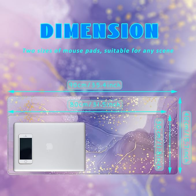 Desk Mat, Purple Rose and Lavender Liquid Marble Extended Gaming Mouse Pad Large, 31.5"x11.8" Big Mouse Pad with Non-Slip Base and Stitched Edge, Long Computer Keyboard Mouse Mat for Home Office Work