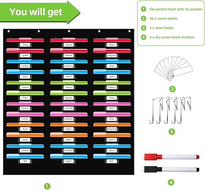 REGELETO 36 Pockets File Storage Pocket Chart with 36 Nametag Pockets, Hanging Wall File Organizer for Classroom and Office, Organize Your Assignments, Files, Scrapbooks, Paper (Black-36 Pockets)
