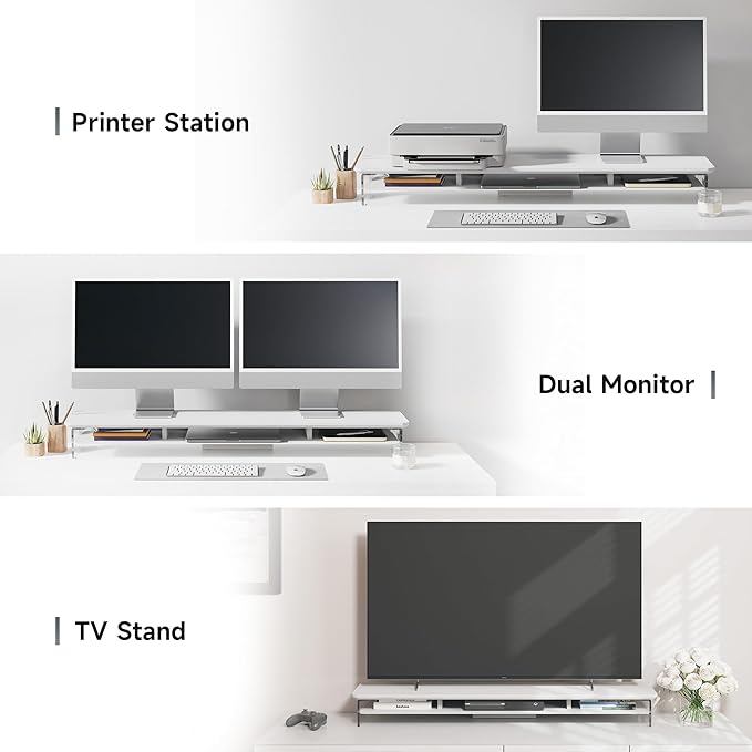 Fenge Acrylic Monitor Stand Riser, 42.5 Inches Dual Monitor Stand with Metal Storage, 2 Tier Acrylic Computer Riser for Desk, Clear Laptop Stand for PC, Laptop, Printer, TV, White