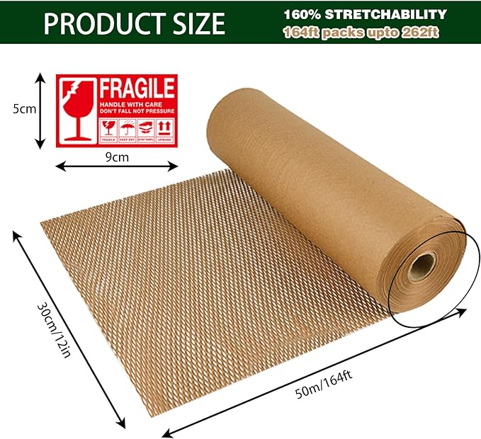 Honeycomb Packing Paper,12" W x 164' L with 24 Fragile Sticker Labels，Eco Friendly Recyclable Packing Paper，Bubble buffer film packaging substitute，for Moving,Products & Gifts Wrapping Paper（Brown）