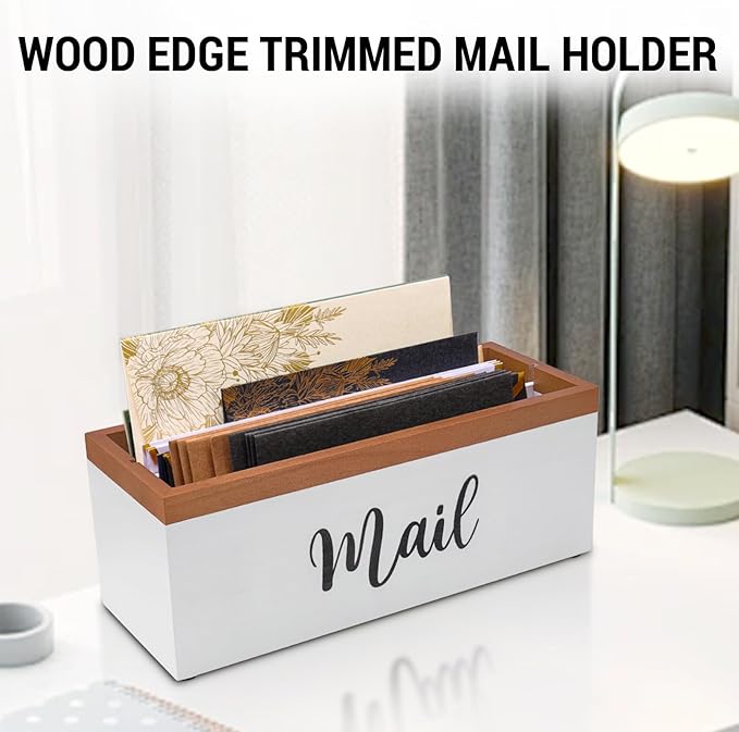 100% Real Wood Mail Organizer for Countertop, Dual-Sided Mail Script Design, Mail Holder for Office, Desk, Entryway Table, Rustic Farmhouse Style, Great Home Decor Gifts