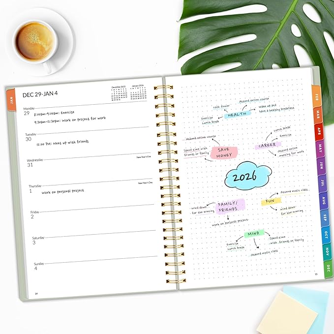 SUNEE 2026 Weekly and Monthly Planner - January 2026-December 2026, 6.4" x 8.3" Half Weekly Half Note, Daily Agenda Planner with PVC Waterproof Cover, Monthly Tab, Note, Pockets, Bookmark, Green