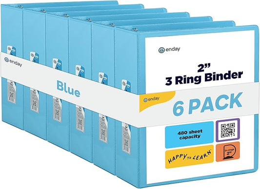 3 Slant D-Ring Binder 2 Inch Binder Blue, 2 in Clear View Cover w/ 2 Inside Pockets, Heavy Duty Colored School Supplies Binders Also Available in Grey, Pink, Red, Green, Purple (6 PC)–by Enday