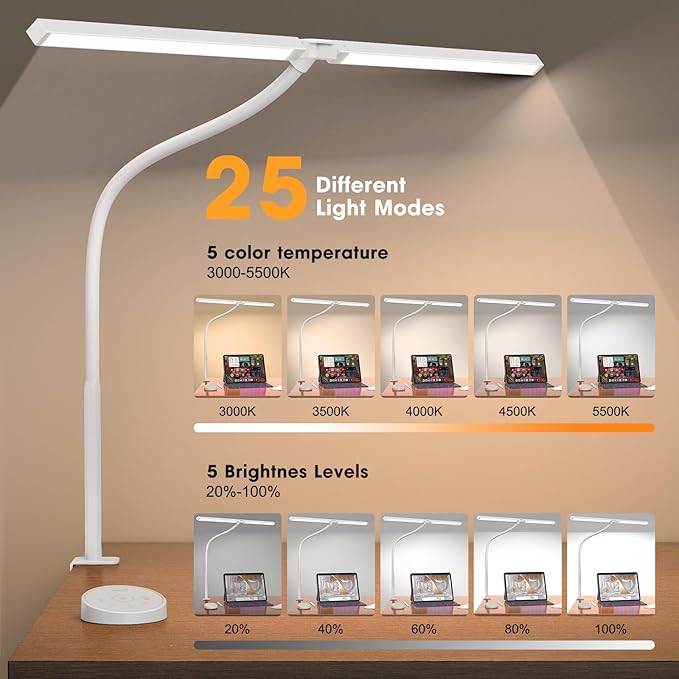 Led Desk Lamp for Office Home - Eye Caring Architect lamp with Clamp,Dual Screen Computer Monitor Work Smart Light: 24W 5 Color Flexible Adjustable Lighting Table Lamp for Study White