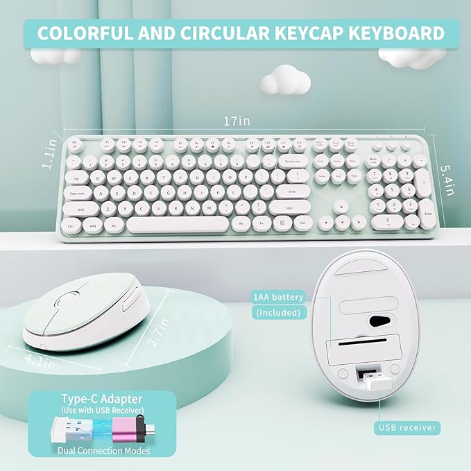 Wireless Keyboard and Mouse Combo, Ergonomic Full Size Typewriter Retro Round Keycaps Keyboard, Compatible with Windows, PC, Perfer for Home and Office Keyboards（Green）