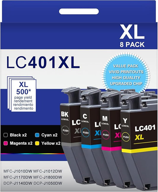LC401XL LC401 High Yield MFC-J1010DW Ink Cartridges 8-Packs Compatible for Brother 401XL LC-401 Ink Cartridges Work with MFC-J1010DW J1170DW J1012DW J1800DW (2 Black, 2 Cyan, 2 Magenta, 2 Yellow)