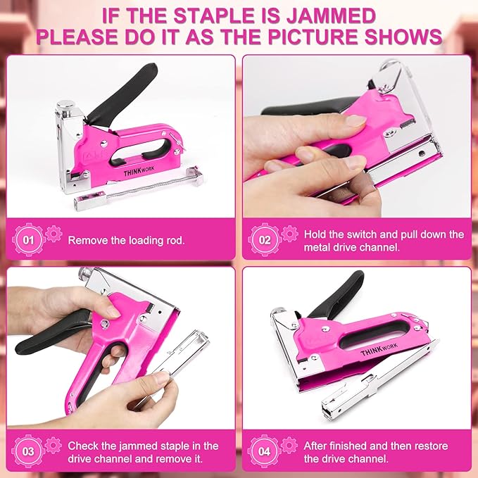 THINKWORK Heavy Duty Staple Gun, 3 in 1 Pink Staple Gun for Upholstery with 900 Staples, Nail Gun for Wood, Cable, Fabric, Wall, Material Repair, DIY Manual Stapler