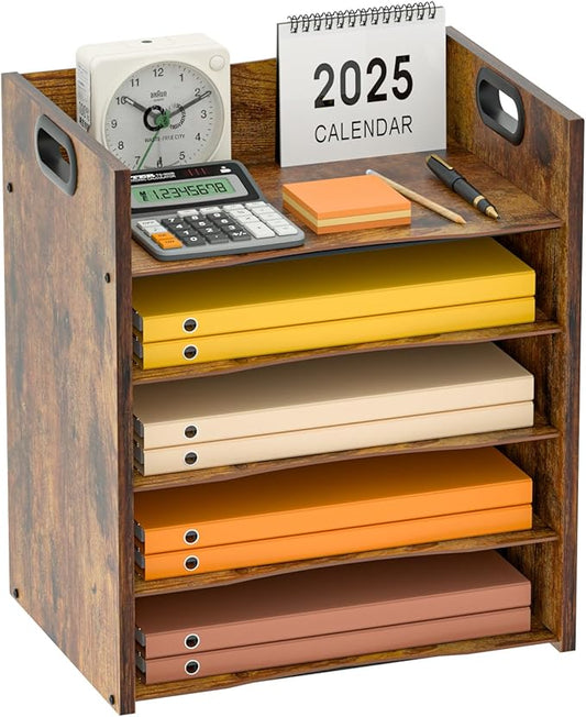 5-Tier Wood Paper Organizer, File Holder for Desk With Handle - Wooden Paper Letter Tray, Desk Organizer and Accessories, File Cabinet for Home Office, School