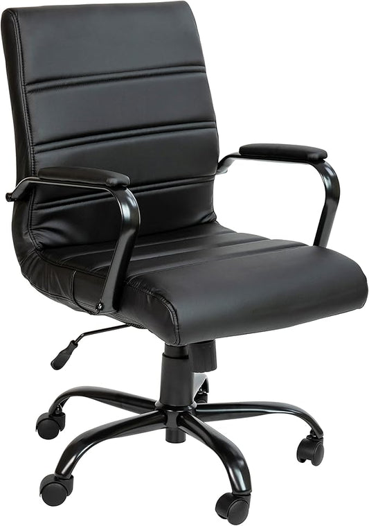 Flash Furniture Whitney Mid-Back Swivel LeatherSoft Desk Chair with Padded Seat and Armrests, Adjustable Height Padded Office Chair, Black
