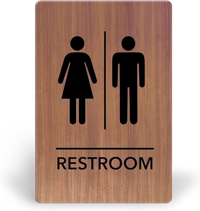 Promot Unisex Bathroom Sign – ADA Braille Restroom Sign for Business, Self-Adhesive, 9" x 6", Commercial Door Signage, Office Wall Decor - Chestnut