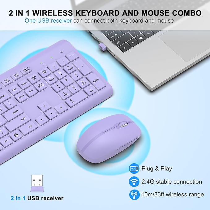 Wireless Keyboard and Mouse Combo, Full Size Silent Ergonomic Keyboard and Mouse, Long Battery Life, Optical Mouse, 2.4G Lag-Free Cordless Mice Keyboard for Computer, Mac, Laptop, PC, Windows(Purple)