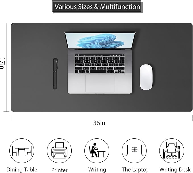 Leather Desk Pad Protector, Mouse Pad, Non-Slip Computer Mat for Desk, PU Leather Office Desk Mat for Home & Office, Waterproof Laptop Desk Blotter for Keyboard and Mouse, Deep Grey (17''X36'')