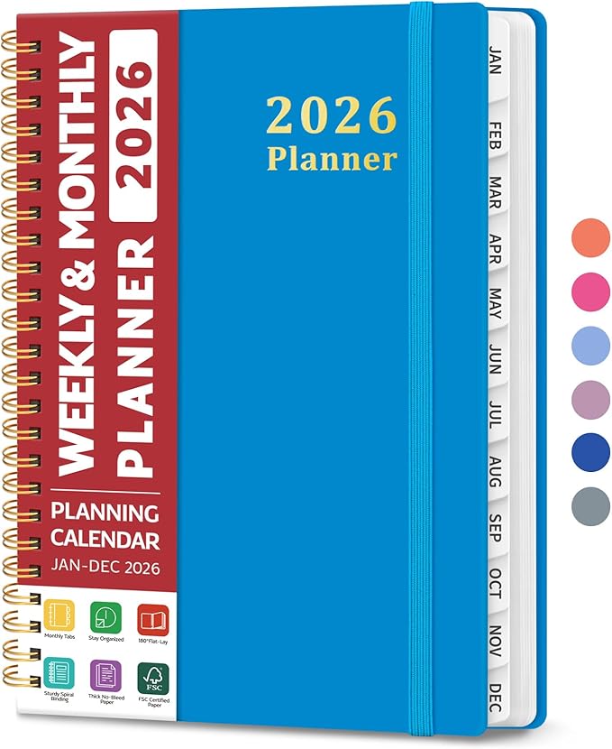 2026 Planner, Weekly and Monthly Calendar Planner, January 2026 - December 2026, Hardcover 2026 Calendar Planner Book with Tabs For Women & Men, Inner Pocket, Spiral Bound, Perfect for Office Home School Supplies - A5 (6.3" x 8.5"), Azure Blue