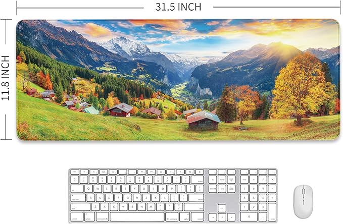 Wengen Village Desk Mat, Lauterbrunnen Valley Mouse Pad, Autumn Scenery Waterproof Mousepad, Alps Mountains Keyboard Pad, Computer Desk Pad for Work, Game, Office, Home, 31.5 X 11.8 Inch, 3mm Thick