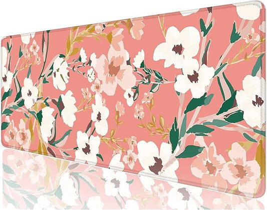 Desk Mat, 32" x 12" XXL Extended Large Gaming Mouse Pad, Desktop Decor Desk Pad, Cute Men Women Office Supplies and Accessories, XL Mouse Mat for Laptop & Keyboard, Pink White Flowers