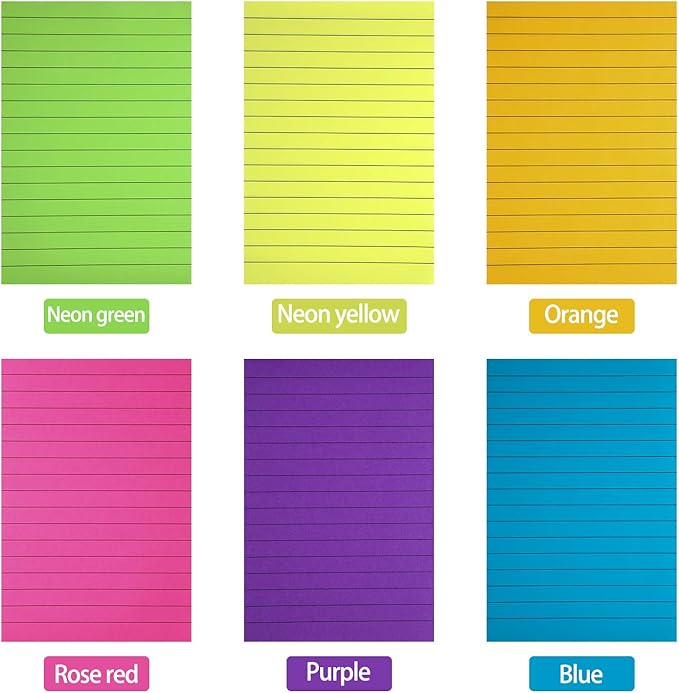 Outus 36 Pack Lined Sticky Notes 4 x 6 Inch Colorful Note Pads Back to School Lines Bright Ruled Self Sticky Pads Memos for Teacher School Classroom Office Supplies, 6 Colors (Fresh Color)