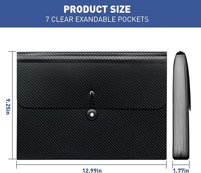 7 Pocket Expanding File Folder with Tab Inserts, Accordian File Organizer Document Receipt Organizer, Accordion Folder File Keeper A4 Letter Size, for School Home Office, Black(Pack of 2)
