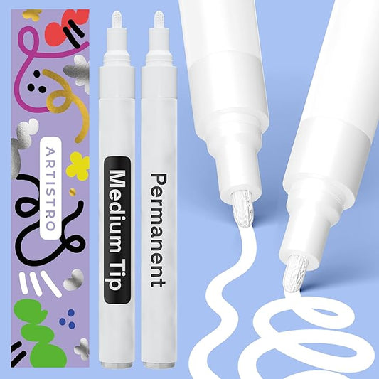 ARTISTRO 2 White Permanent Marker - Waterproof Markers for Tire, Fabric, Rocks, Glass, Ceramic, Wood, Paper - Oil Based Paint Pens - Medium Tip 3mm