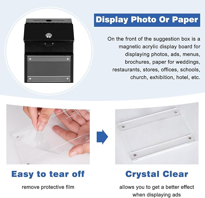 xydled Suggestion Box with Key Lock Magnetic Acrylic Sign Holder, Metal Donation Ballot Drop Box with Slot Tip Jar for Office, Fundraising, Church, School, 8.1'' x 7.1'' x 5.7'', Black