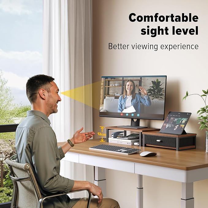 WOHOMO Dual Monitor Stand Riser with Drawers, Desk Organizers for 2 Monitors, Desktop Storage Stand for Computer,Laptop,Walnut