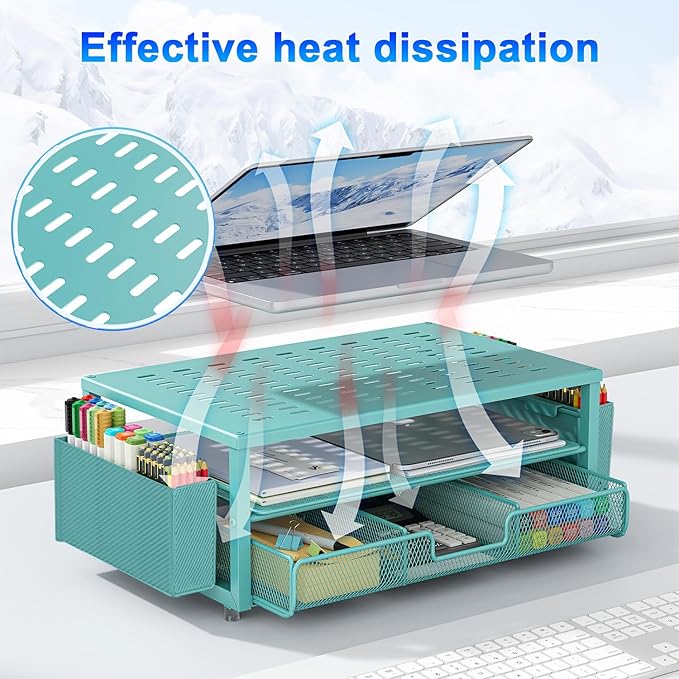 gianotter Desk Organizers and Accessories, Monitor Stand with Drawer and 2 Pen Holder, Desktop Organizer Suitable for Offices and Dormitories (Blue)