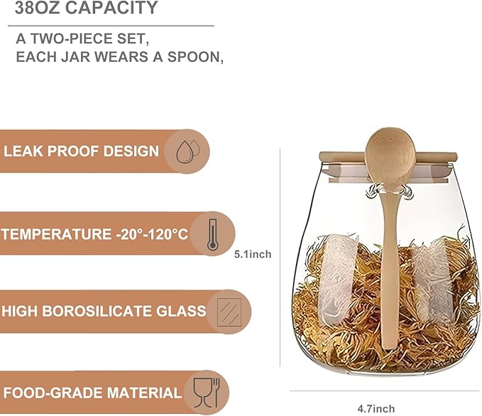 Airtight glass jar storage container with bamboo lid Set of 2, wide mouth, leak-proof, With a spoon, can be used for coffee beans, tea leaves, grains, dried fruits, etc (Large*2PCS)