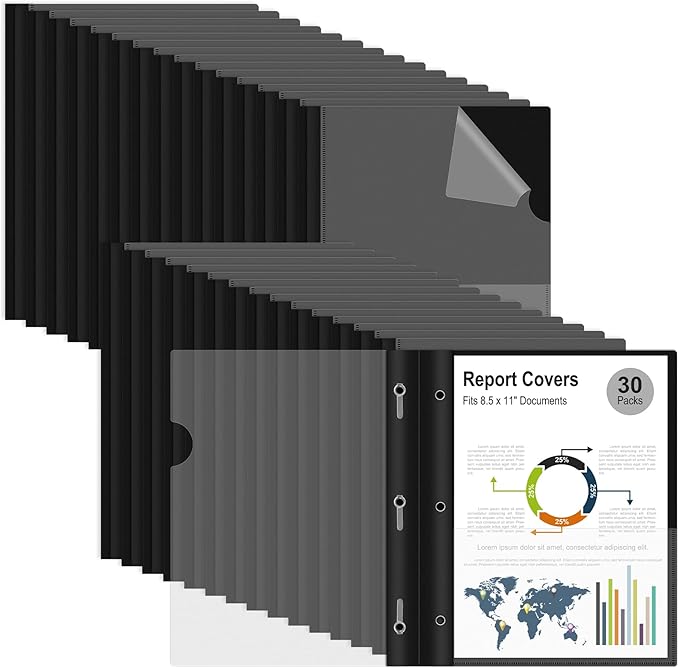 Ndsox 30 Packs Clear Front Report Covers with 3-Prong Fasteners, Plastic Project Presentation Folders Resume Document Covers with Black Back for 8.5" x 11" Letter Size Paper for School Office Business
