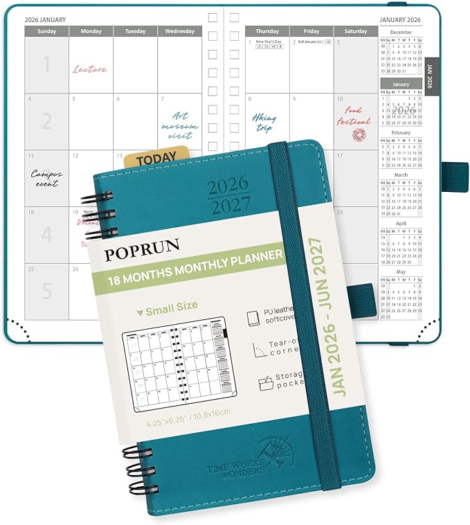 POPRUN Monthly Planner 2026-2027 (Pocket 4.25" x 6.25") 18 Months Calendar (Jan 2026 - Jun 2027) - 4 Pages per Month with Expense & Notes, Leather Cover, Sunday Starts - Pacific Green