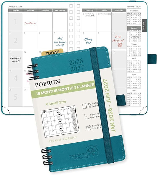 POPRUN Monthly Planner 2026-2027 (Pocket 4.25" x 6.25") 18 Months Calendar (Jan 2026 - Jun 2027) - 4 Pages per Month with Expense & Notes, Leather Cover, Sunday Starts - Pacific Green