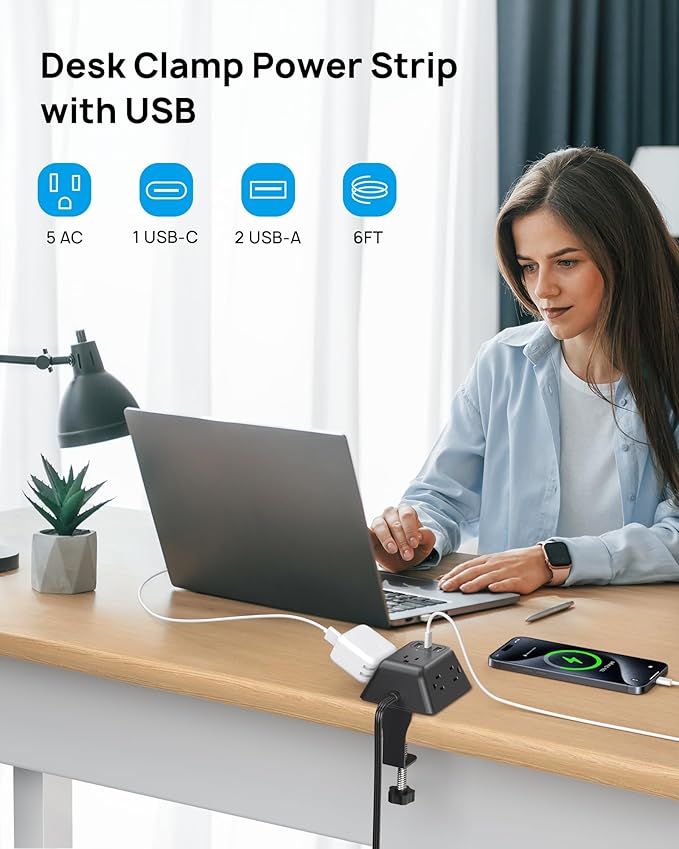 Desk Clamp Power Strip, Surge Protector with 5 AC Outlets and 3 USB Ports, Desk Mount Charging Station, Fit 1.97in Tabletop Edge Thick, 6FT Extension Cord, for Home Office Gaming Accessories