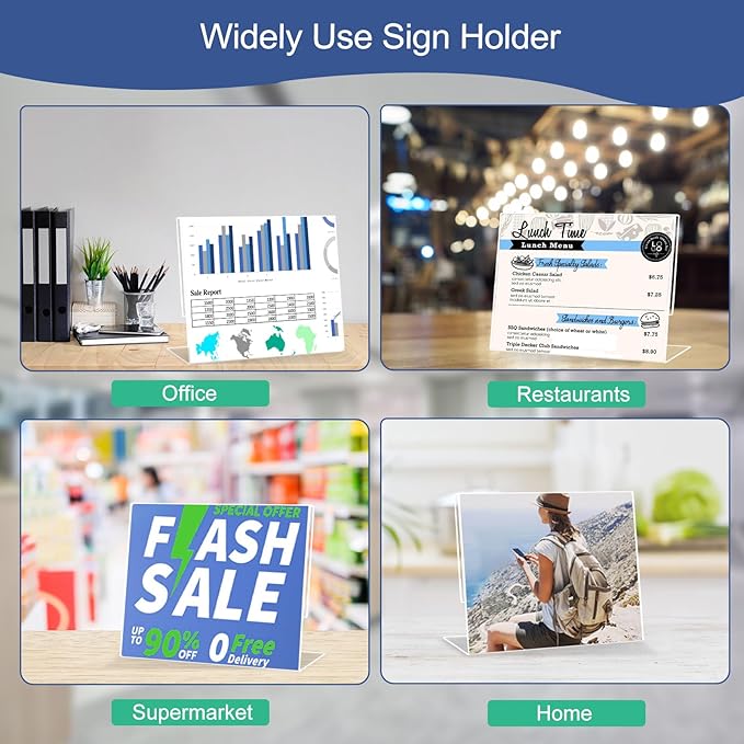 Slanted Back Acrylic Sign Holder 6 x 4, Acrylic Stands for Display Frame, Clear Plastic Tabletop Paper Sign Holder for Office, Home, Restaurant (6 Pack 6x4 Inches)