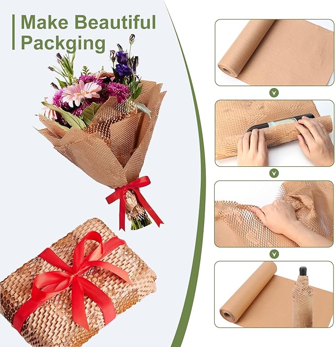 Neworld Honeycomb Packing Paper,12" x 400' Eco Friendly Bubble Cushioning Wrap for Moving,Products & Gifts Wrapping Paper,Recyclable Cushioning Packing Material With 20 Fragile Sticker Labels