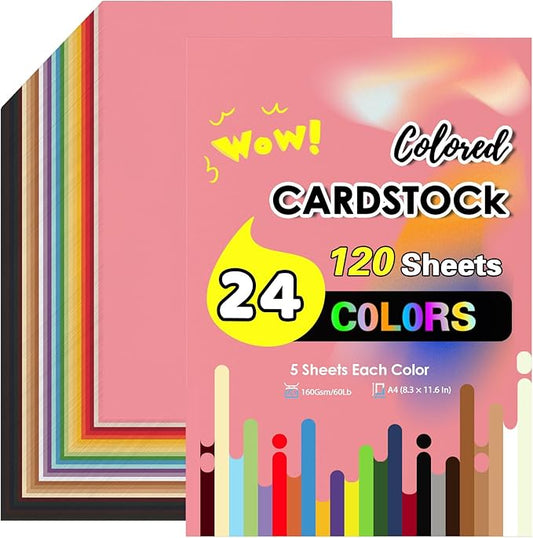 Colored Cardstock Paper 120 Sheets, Card Stock 24 Colors Assorted, Colored Construction Paper Thick 160 GSM 60 Llb for Printing Cutting DIY A4 1 Pack