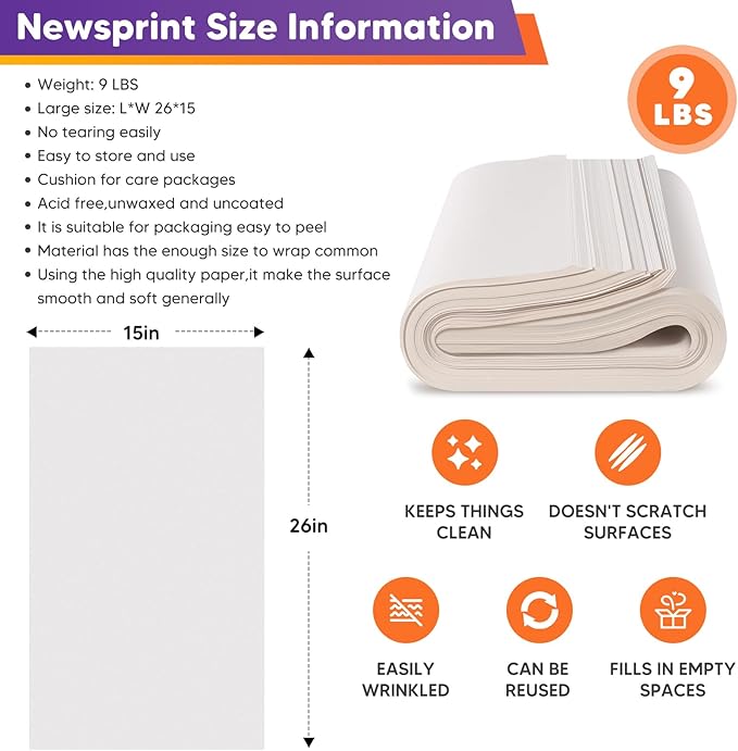 Packing Paper Sheets for Moving Essentials, 26" x 15" Newsprint Paper for Small Medium Large Moving Boxes, 350 Sheets Wrapping Paper for Packaging, Shipping Supplies, Dishes Glasses Box Filler 9 lbs