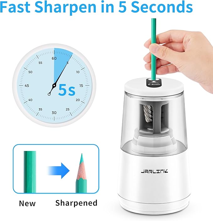 JARLINK Electric Pencil Sharpener, Heavy-Duty Helical Blade to Fast Sharpen, Auto Stop for No.2/Colored Pencils(6-8mm), AC Adapter/Battery Operated in School Classroom/Office/Home (White)